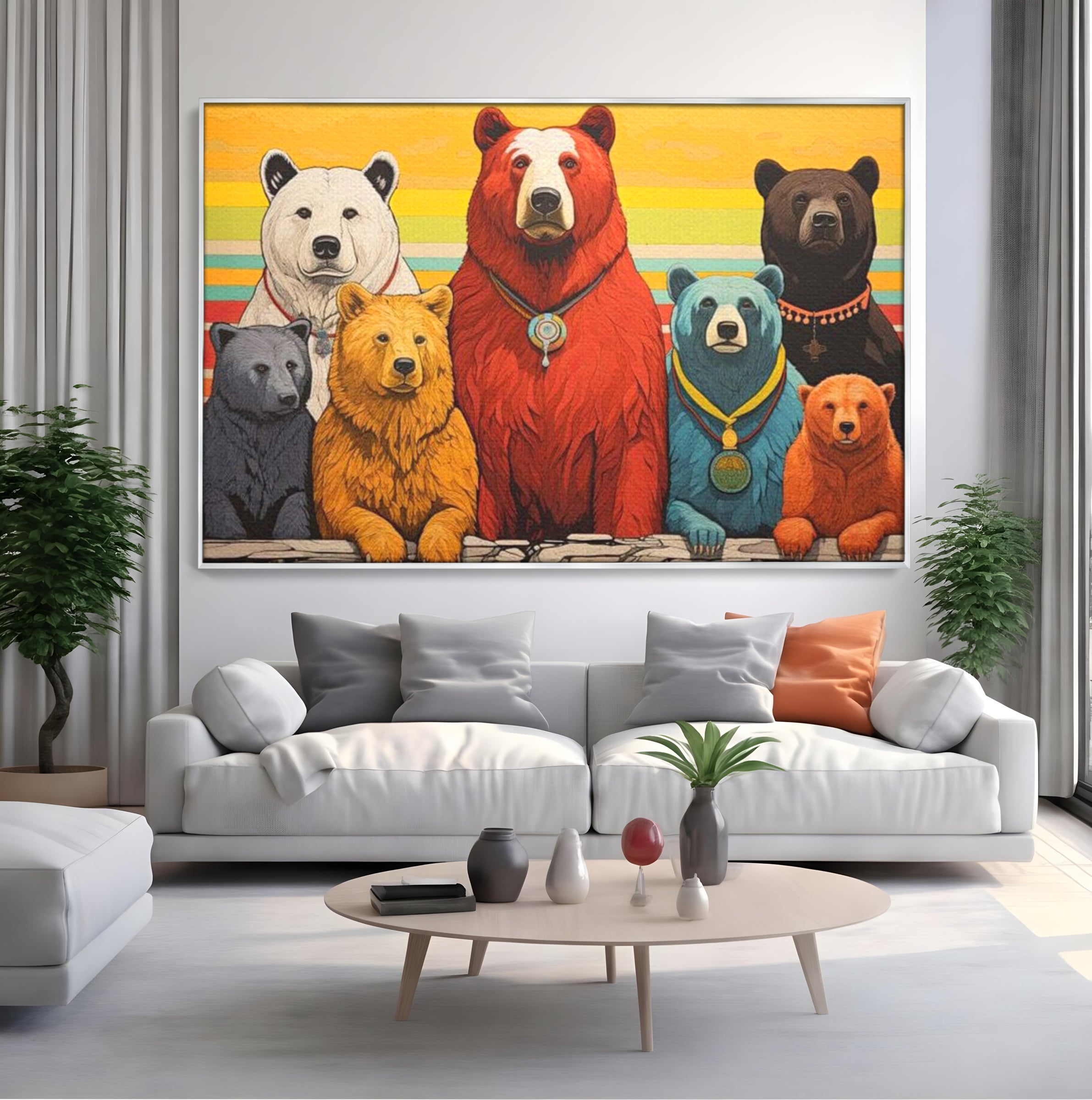 Tablou canvas cu ilustratie digitala cu ursi colorati, in rama de aluminiu argintiu, pe perete intr-un living